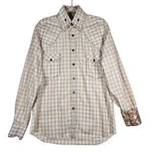 Angelino Western Shirt Men Large Beige Check Contrast Paisley Cuffs Cowboy Rodeo